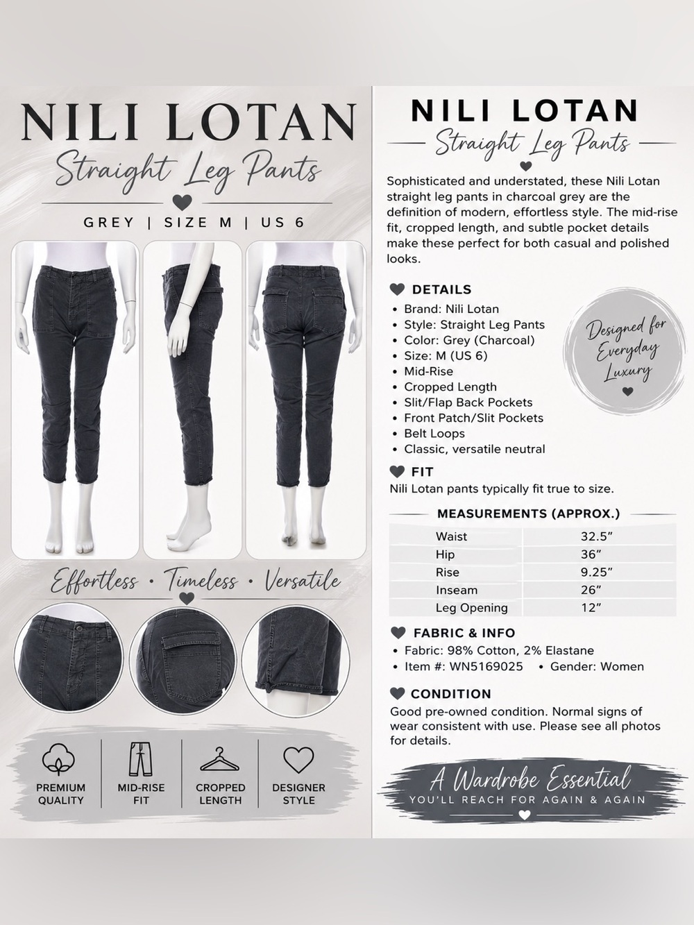 Nili Lotan Straight Leg Cropped Pants – Grey – Size M / US 6